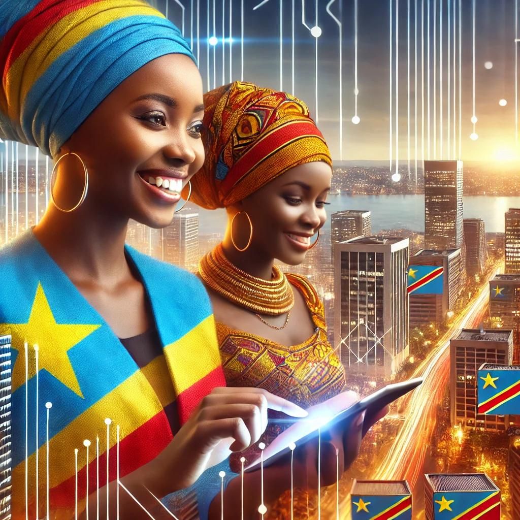 Illustration of two smiling women in headwraps and clothing in the colours of the DRC flag using a glowing tablet, with a futuristic city skyline, digital network lines and Congolese flags behind them.